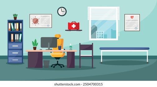 Doctor's office interior. Medicine and healthcare concept. Vector illustration in cartoon style.