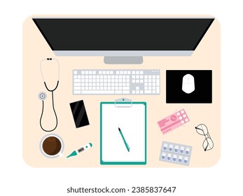 Doctor's office with medical equipment and medicines, prescription paper, computer for patient data collection, desk top view vector illustration.