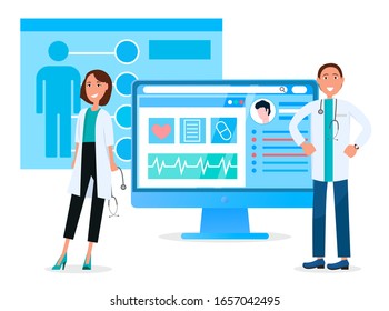 Doctors on rally, meeting of specialists. Online consultation and medical care or check up. Monitor with diagnosis or health status of patient. Scientists conducting researches on computers, vector