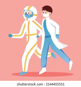 Doctors on the run to fight covid-19, vector illustration