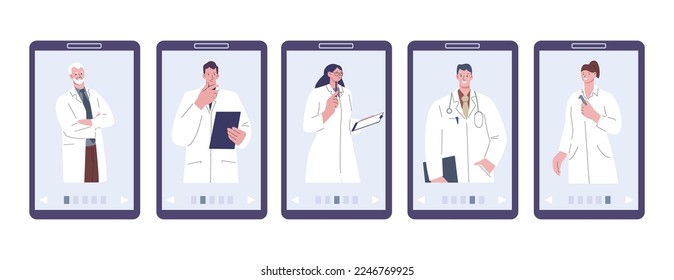 Doctors on smartphone screen. Medical app, choose your doctor. Various medical professionals avatars, hospital team. Cartoon vector clinic online