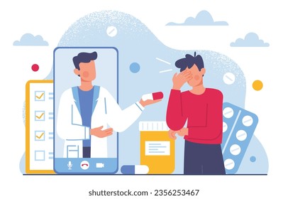 Doctors online consultation concept. Man in medical uniform offers young guy pills and medicines. Healthcare and treatment. support and help. Specialist give advice. Cartoon flat vector illustration