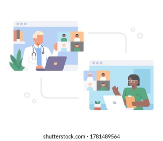 The doctors are in an online meeting by video call using teleconference application website from laptop or computer vector illustration concept