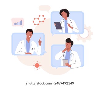 Doctors online video conference meeting. Medical staff team wearing professional uniform discuss medicine, scientific researches and patient cares. Flat vector illustration