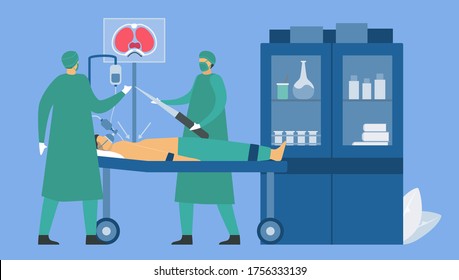 Doctors are operating a patient that is pectus excavatum. Pulmonology vector illustration about restrictive lung disease.