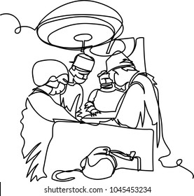 Doctors In The Operating Room. Linear Drawing