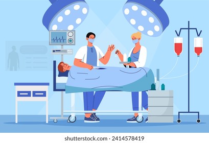 Doctors operation concept. Man and woman in surgery room in medical coats and masks. Treatment, health care and medicine. Team of surgeons with patient. Cartoon flat vector illustration