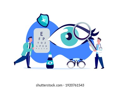 Doctors Ophthalmologist, Oculists Examine, Diagnose Eye Vision Acuity. Farsightedness,Color Blindness,Glaucoma, Corneal Dystrophy Treatment.Research Clinical Investigation.Medical Council Illustration