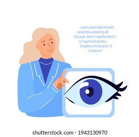 Doctors Ophthalmologist, Oculists Examine, Diagnose Eye Vision Acuity With Snellen Chart.Farsightedness,Color Blindness, Glaucoma Treatment.Research Clinical Investigation.Medical Council Illustration