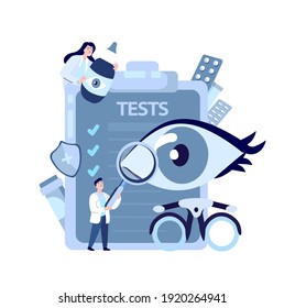 Doctors Ophthalmologist,Oculists Examine,Diagnose Eye Vision Acuity with Snellen Chart,Eye Ophthalmic,Drops, Medicines. Color Blindness, Glaucoma Treatment. Clinical Investigation.Medical Illustration