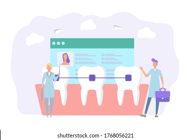 Doctors orthodontists set d ental braces. Cosmetic dentistry, orthodontic services. Colorful vector illustration.