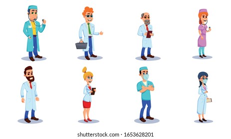 Doctors and other Hospital Workers Characters with Equipment Flat Cartoon Vector Illustration. Medicine professionals and Medical Staff People in Uniform. Nurse, Pediatrician. Health Care Clinic.