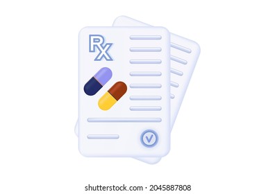 Receta de papel del médico 3d. Forma médica, diagnóstico, lista de farmacias con medicamento. Rx de prescripción con pastillas, medicinas. El concepto de prescripción de una dosis de pastillas, cápsula, receta y sello. Vector