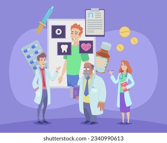 Doctors with patient medical card vector illustration. Cartoon drawing of medical professionals in uniform, medication, patient infographic or information. Medicine, healthcare, profession concept