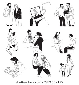 Doctors with patients big collection, flat line vector minimalistic set illustration. Vector illustration