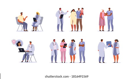 Doctors and Patients Characters set. Doctor Diagnosing Family, Nurse Helping Elderly Woman, Therapist Talking to Patient. Different Medical Staff Standing Together.  Flat Cartoon Vector Illustration.