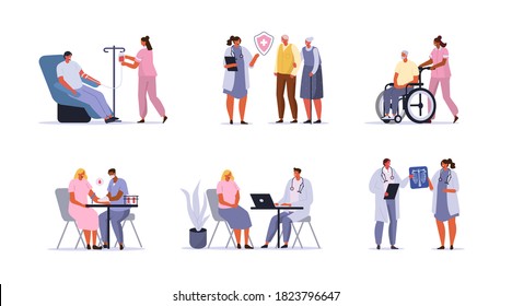 
Doctors and Patients Characters set. Man donating Blood, Nurse caring for Elderly Person, Doctor Consulting Woman and other Scenes in Hospital. Health Care Concepts. Flat Cartoon Vector Illustration.