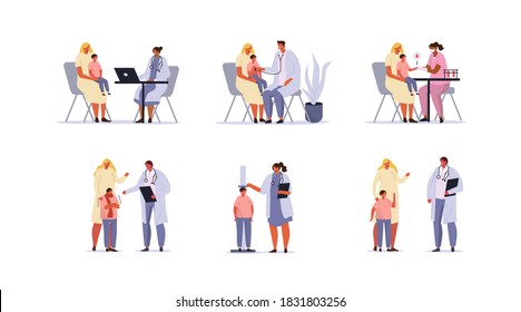 Doctors And Patients Characters Set. Mother And Kid Having Consultation With Doctor Pediatrician. Different Medical Staff  Diagnosing Child In Hospital. Flat Cartoon Vector Illustration.