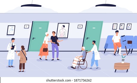 Doctors and patients at clinic. People with nurses in hospital hall. Characters talking to specialists and waiting for appointment in modern medical center. Vector illustration in flat cartoon style