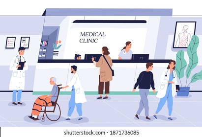 Doctors and patients at clinic. People talking with specialists at reception in hospital. Characters consulting with staff and making appointment at medical center. Flat vector cartoon illustration