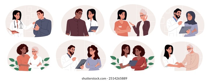 Médicos y pacientes de diferentes razas y edades. Residencia de ancianos. Conjunto de diversos personajes médicos. Las enfermeras y los médicos atienden a los ancianos en un hogar de ancianos. Ilustraciones en estilo de dibujos animados.