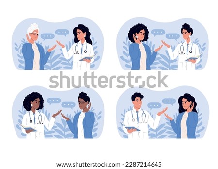 Doctors and patients of different races and ages. Male and female doctors talking to patients during consultation.