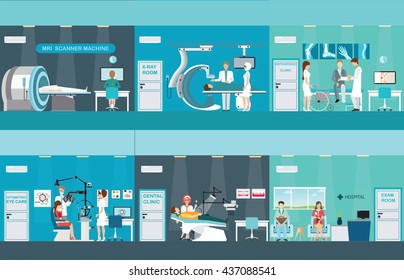 Doctors and patients in hospitals, Medical services, dental care, x-ray, Orthopedic clinics,MRI scanner machine, ophthalmic testing device machine, C Arm X-Ray, health care conceptvector illustration.