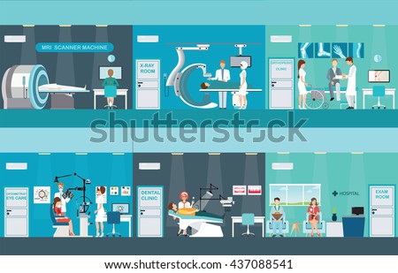 Doctors and patients in hospitals, Medical services, dental care, x-ray, Orthopedic clinics,MRI scanner machine, ophthalmic testing device machine, C Arm X-Ray, health care conceptvector illustration.