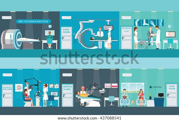 Doctors and patients in hospitals, Medical\
services, dental care, x-ray, Orthopedic clinics,MRI scanner\
machine, ophthalmic testing device machine, C Arm X-Ray, health\
care conceptvector\
illustration.