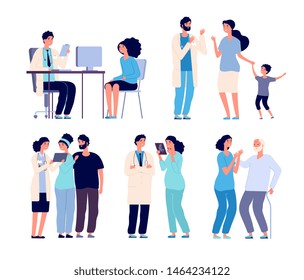 Doctors and patients. Medical hospital staff, diagnosis treatment patient. Clinic doctor nurse with sick persons. Vector characters medical patient and doctor, healthcare illustration