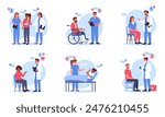 Doctors and patients. Medical staff with hospital patients, doctors and nurses diagnosing and advising patients flat vector illustration set. Clinic professional workers with patients