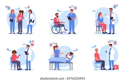 Doctors and patients. Medical staff with hospital patients, doctors and nurses diagnosing and advising patients flat vector illustration set. Clinic professional workers with patients