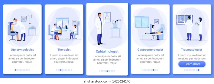 Doctors with patients onboarding mobile app screen vector template. Therapist, otolaryngologist, traumatologist. Walkthrough website step with flat characters. UX, UI, GUI smartphone cartoon interface