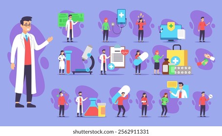 Doctors and patients vector illustrations set. Cartoon drawings of people suffering from ache, taking pills and getting online consultation. Medicine and healthcare concept