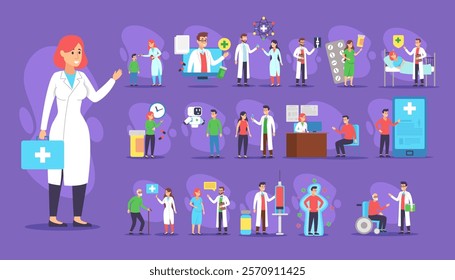 Doctors and patients vector illustrations set. Medical specialists giving treatment to patients, sick people taking pills and getting online consultation. Medicine and healthcare concept