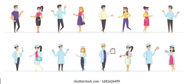 Doctors and patients wearing medical masks to prevent any diseases and viruses. People characters in safety masks vector illustration in flat style. Coronavirus self-protection and prevention scenes