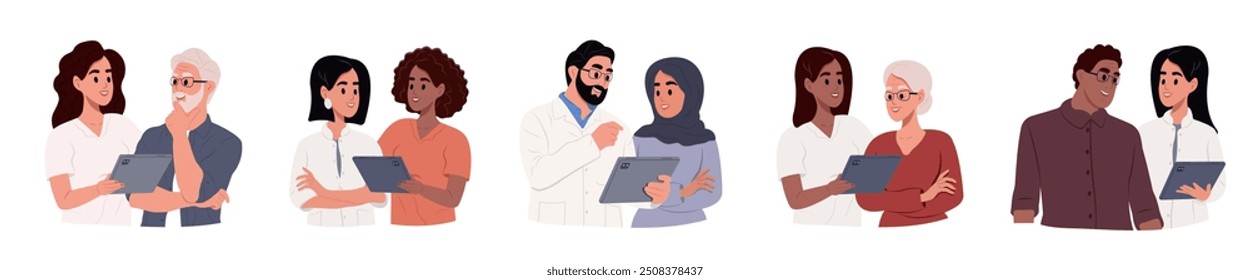 Médicos y personas de diferentes razas y edades. Los médicos hablan con los pacientes usando tabletas en consulta. Ilustración vectorial en un estilo sencillo