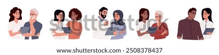 Doctors and people of different races and ages. Doctors talk to patients using tablet in consultation. Vector illustration in a simple style