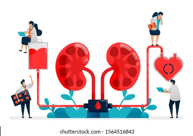 Doctors Perform Dialysis, Medicine Treatment Of Kidney Failure, Hospital And Clinic Medical Facilities, Blood Purification And Cleaning. Illustration For Business Card, Banner, Brochure, Flyer, Ads