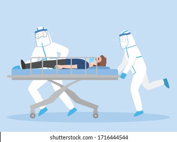 Doctors in personal protective suit Move Seriously Patient Lying on a Stretcher Through Hospital Corridors. Medical Staff in a Hurry Move Patient for help, Healthcare Concept.