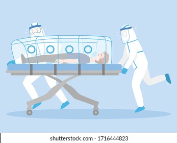 Doctors in personal protective suit Move Seriously Patient Lying on a Bed Stretcher Negative Pressure for quarantine of infected patient coronavirus. Medical Staff in a Hurry Move Patient for help.