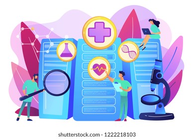 Doctors And Personalized Prescriptive Analytics. Big Data Healthcare, Personalized Medicine, Big Data Patient Care, Predictive Analytics Concept. Bright Vibrant Violet Vector Isolated Illustration