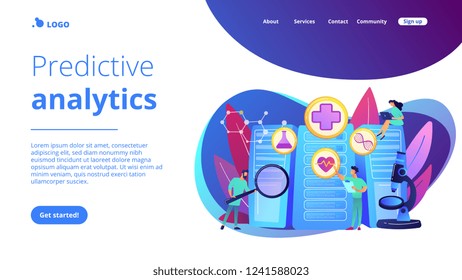 Doctors and personalized prescriptive analytics. Big data healthcare, personalized medicine, big data patient care, predictive analytics concept. Website vibrant violet landing web page template.
