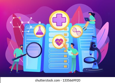 Doctors and personalized prescriptive analytics. Big data healthcare, personalized medicine, big data patient care, predictive analytics concept. Bright vibrant violet vector isolated illustration
