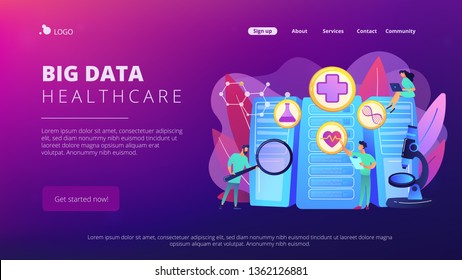 Doctors and personalized prescriptive analytics. Big data healthcare, personalized medicine, big data patient care, predictive analytics concept. Website vibrant violet landing web page template.