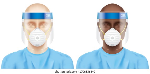 Doctors with plastic face shields and N95 surgical masks. Set of white and black healthcare workers, with a virus protection medical equipment, isolated on background. Medical vector set.