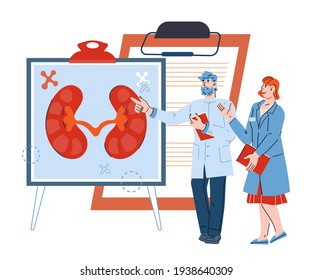 Doctors pointing at banner with image of human kidneys, cartoon vector illustration isolated on white background. Pyelonephritis, kidney  diseases and stones treatment and surgery.