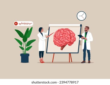 Ärzte, die auf das Demonstrationsbrett mit menschlichem Gehirn zeigen, erklären ihre Möglichkeiten. Medizinische Konferenz zur Untersuchung der Anatomie, Neurologie. Flache Vektorgrafik