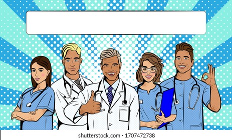 Doctors in pop art style. Vector background in comic style retro pop art. Illustration for print advertising and web. 