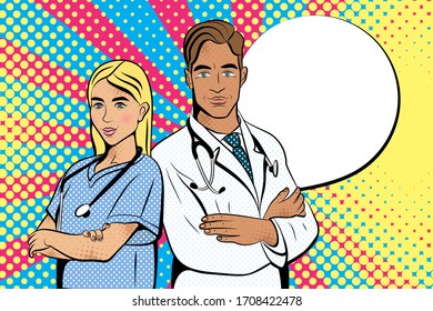 Doctors in pop art style. Vector background in comic style retro pop art. Illustration for print advertising and web. 